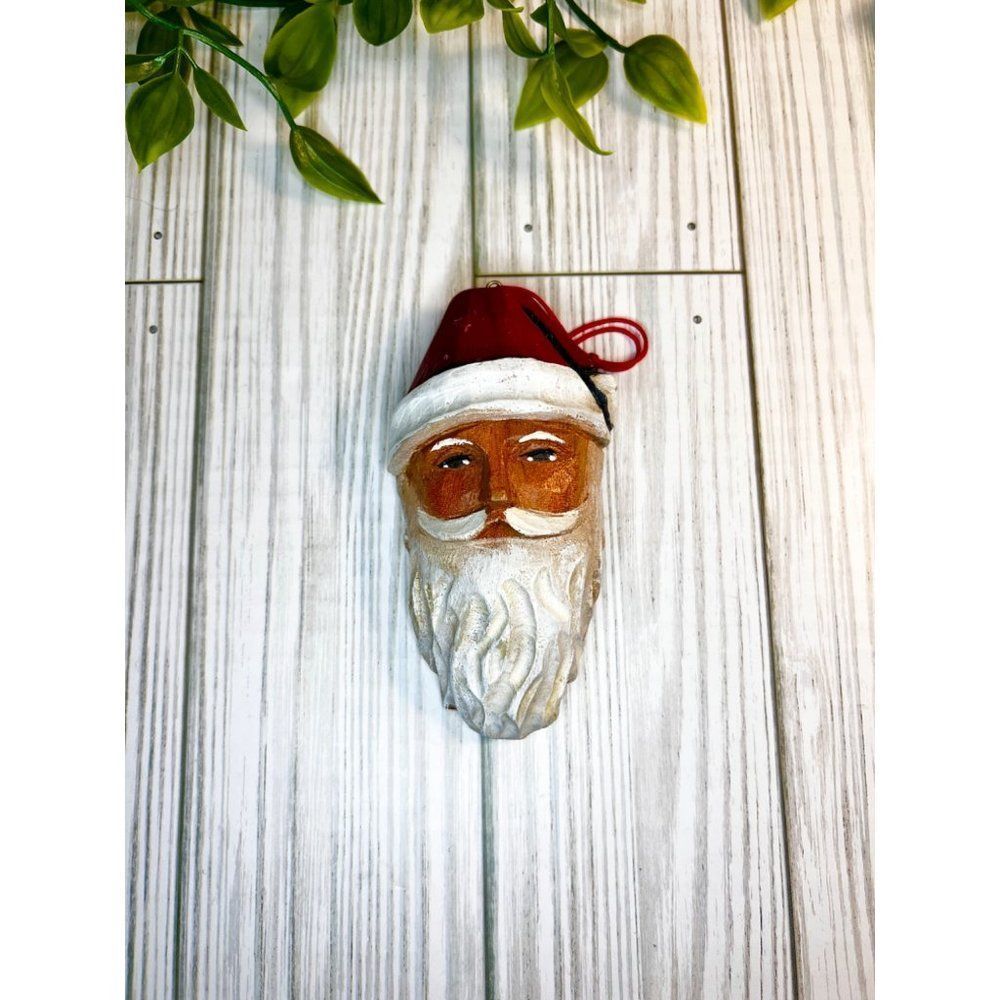 🎃SOLD🎃CARVED Wooden SANTA Head bust - Painted, Red & White with Hanger